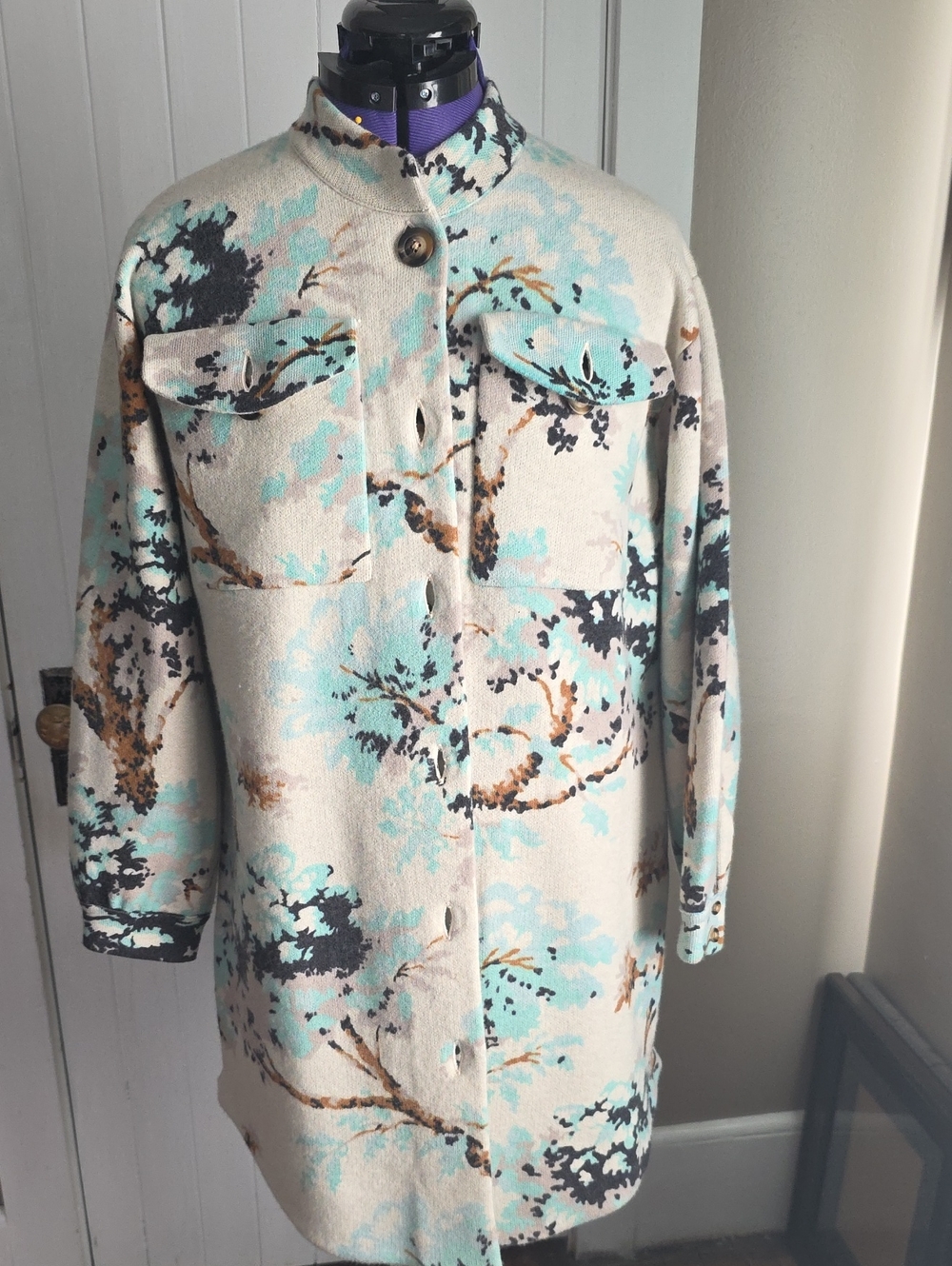 Anthropologie Field Flower Sweater Coat with Aqua, Black & Brown Floral Print